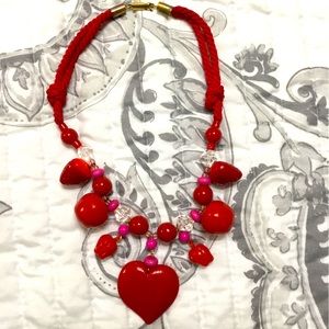18” Vintage Red Heart Necklace with Beads, Fruit & Crystals for Valentine’s Day